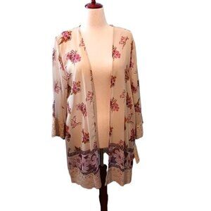 NEW Rewind Beige Pink Floral Print Kimono Crochet Hems 3/4‎ Sleeves Size XL